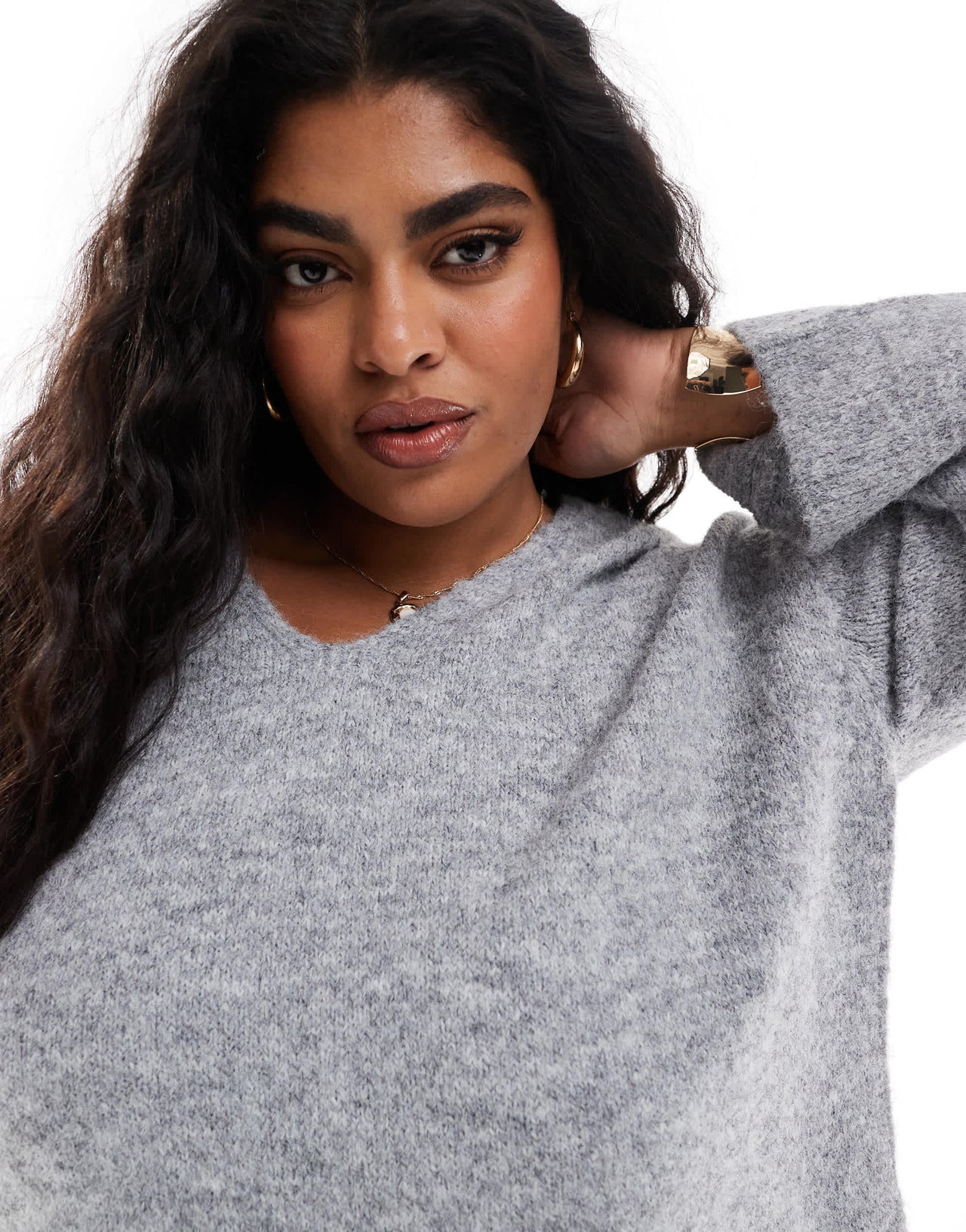 4th & Reckless Plus wool mix fluffy knit v neck jumper co-ord in grey