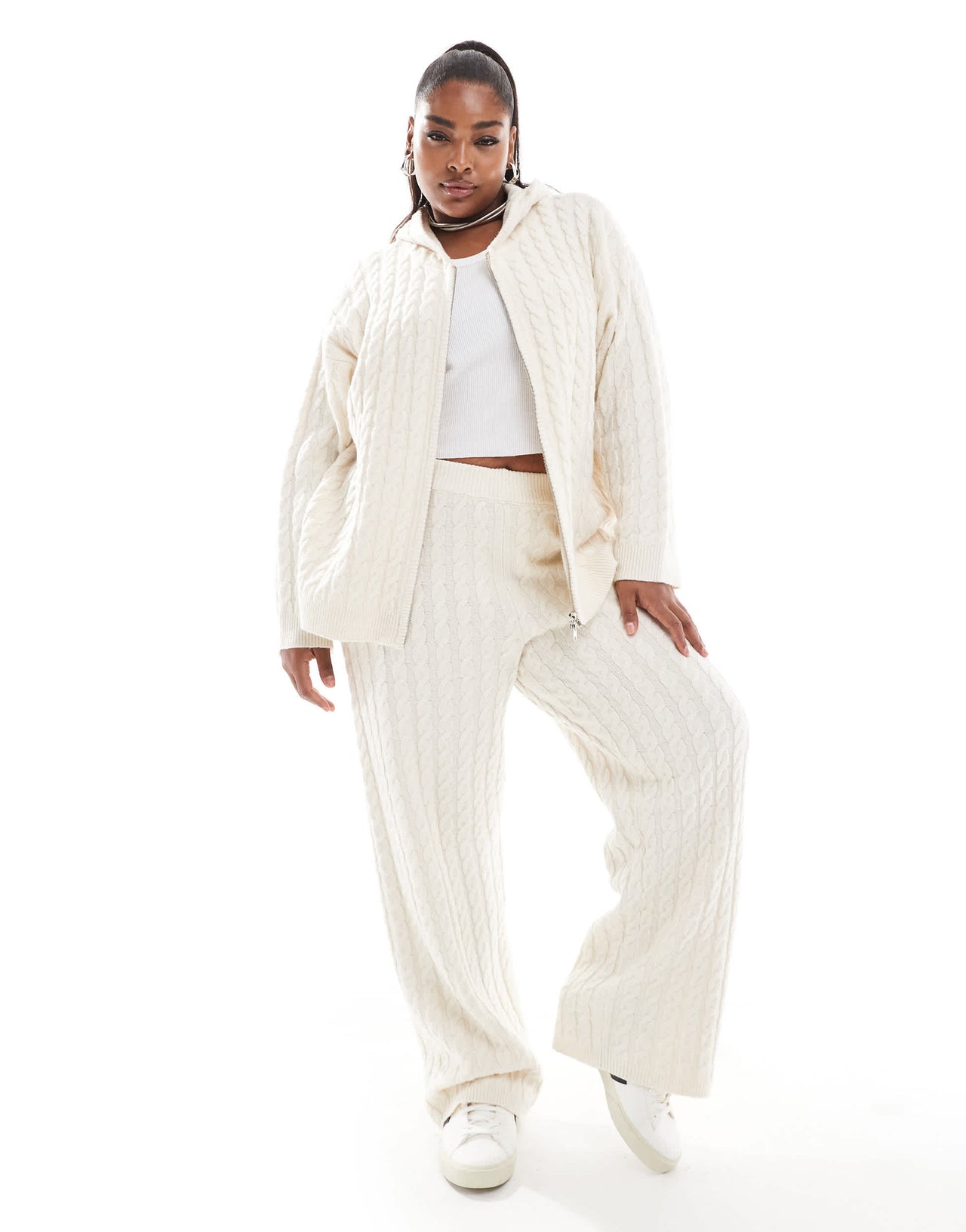 4th & Reckless Plus wool mix cable knit wide leg trousers co-ord in cream