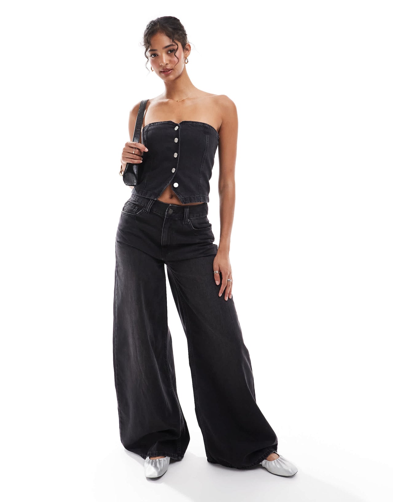 ASOS DESIGN denim bandeau waistcoat in wash black