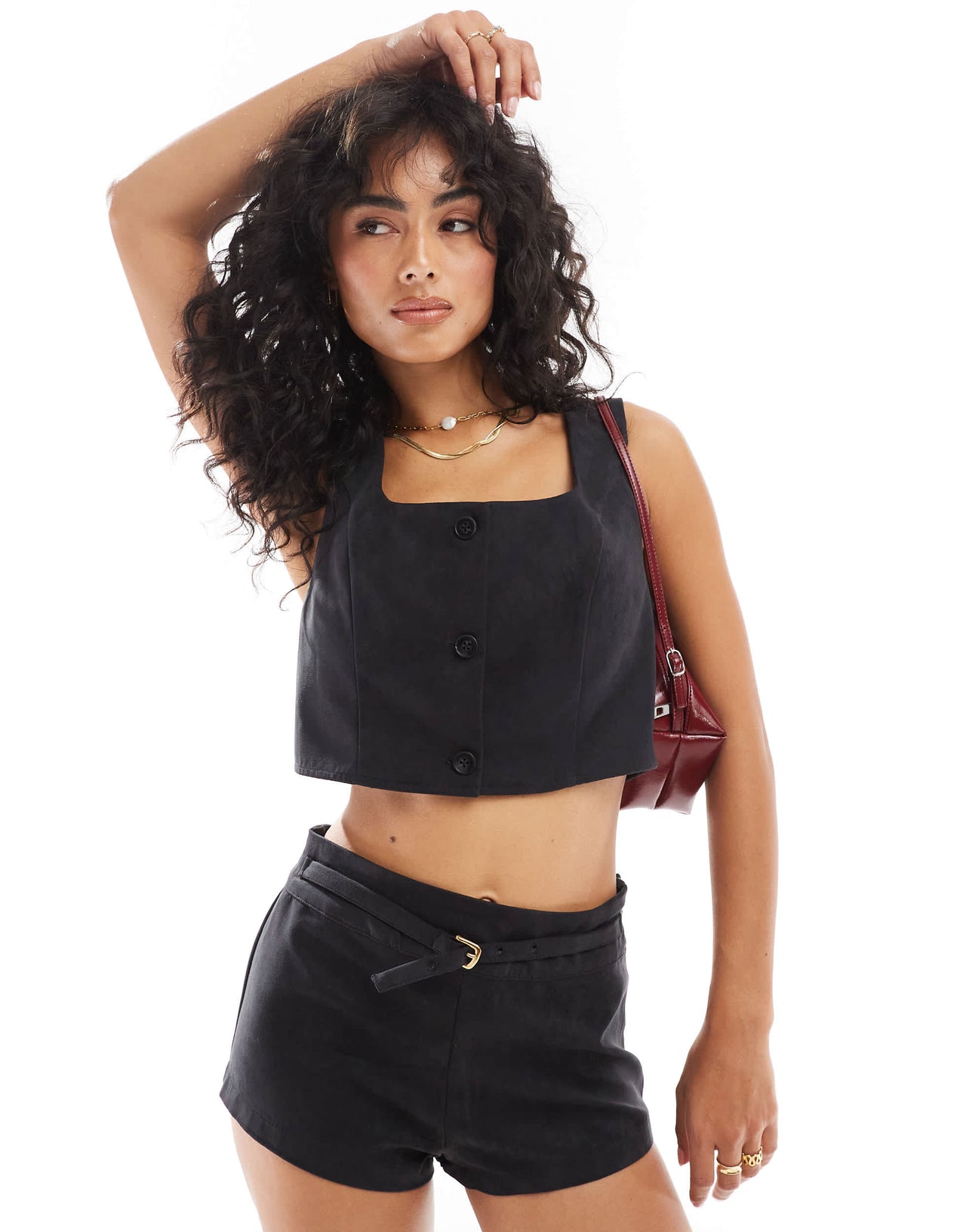 ASOS DESIGN faux suede square neck top co-ord in black