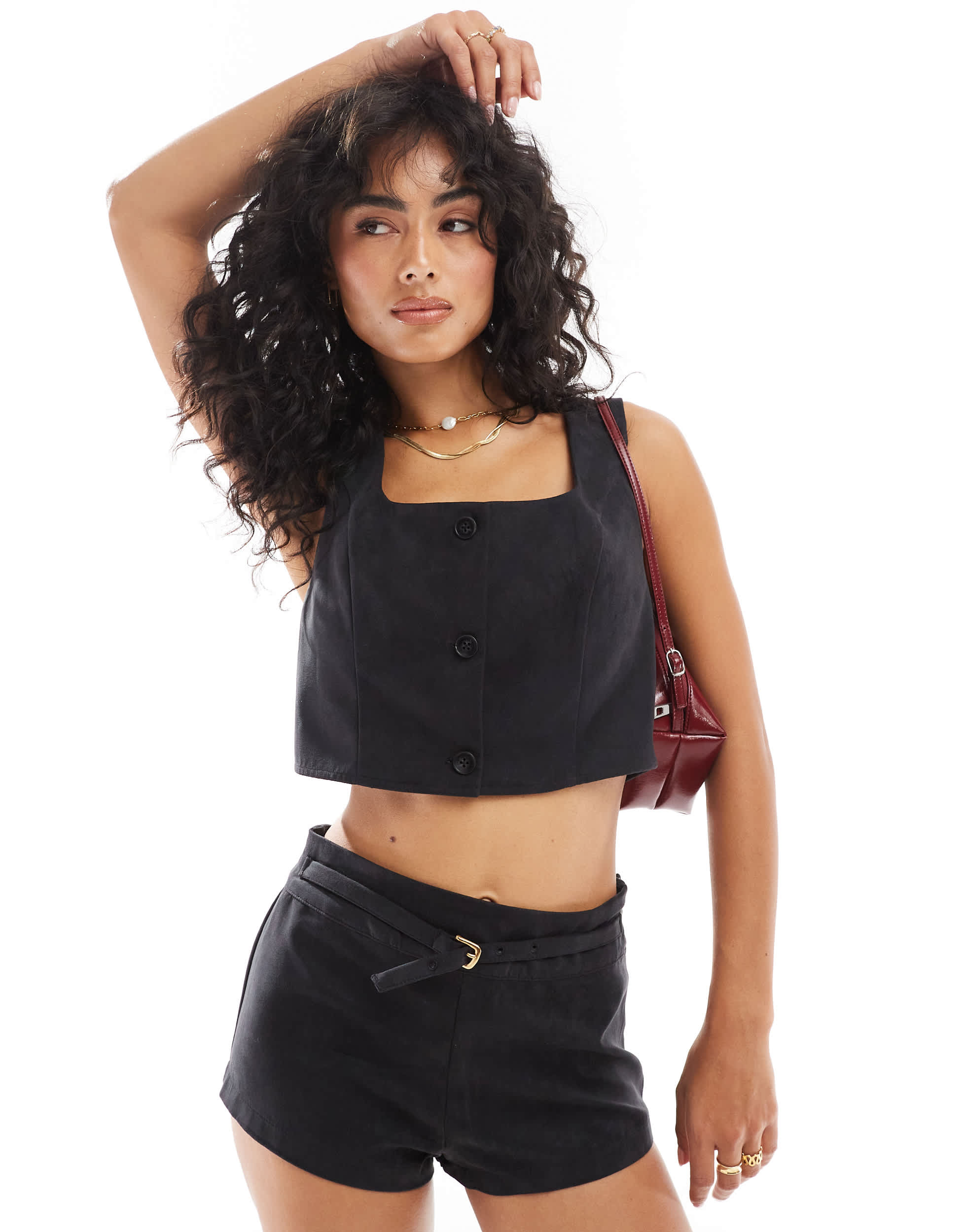 ASOS DESIGN faux suede square neck top co-ord in black