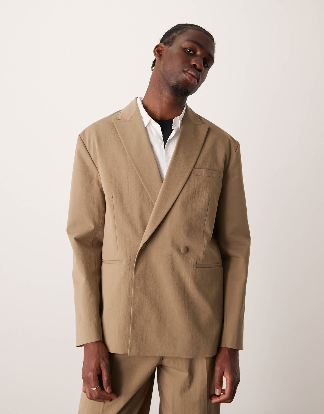 ASOS DESIGN relaxed slouchy double breasted suit jacket in khaki techy fabric