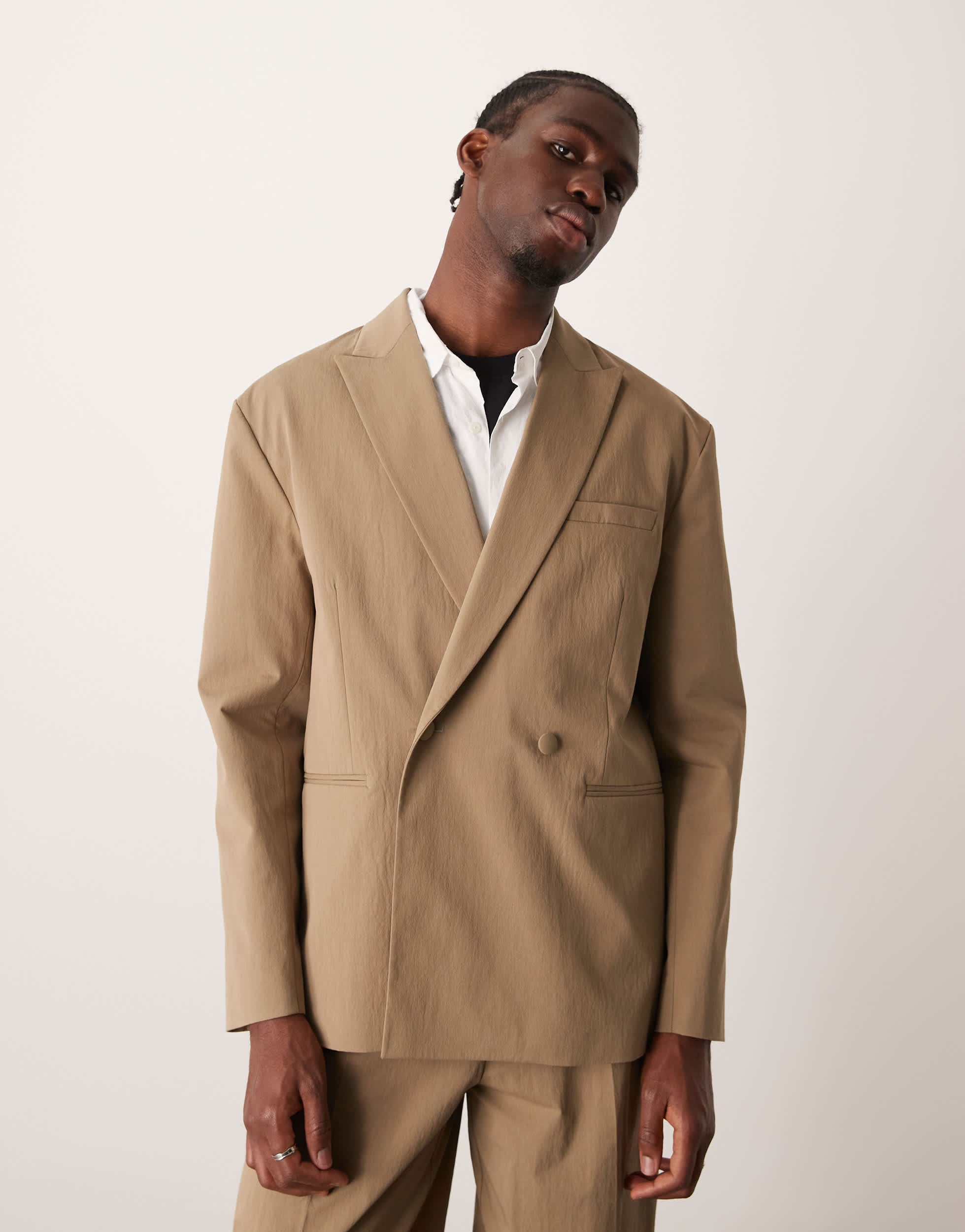 ASOS DESIGN relaxed slouchy double breasted suit jacket in khaki techy fabric