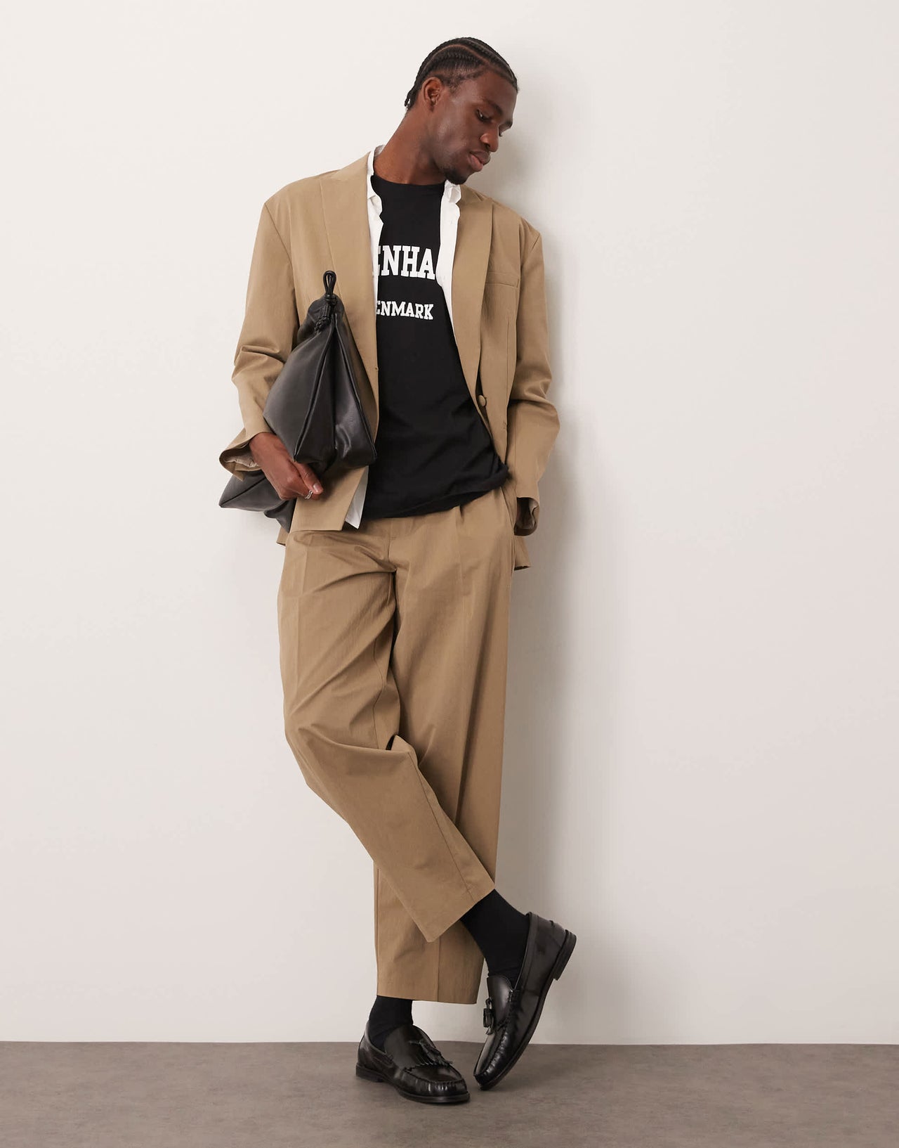 ASOS DESIGN relaxed slouchy double breasted suit jacket in khaki techy fabric