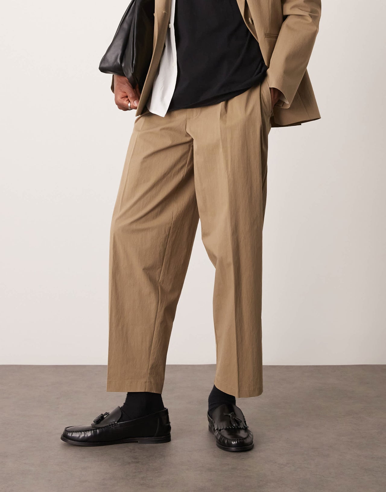 ASOS DESIGN oversized tapered front pleat suit trousers in khaki techy fabric