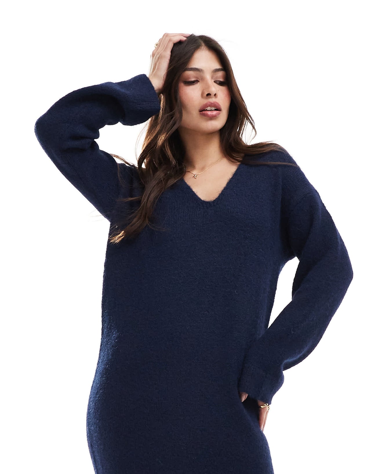 4th & Reckless wool mix fluffy knit v neck maxi jumper dress in navy
