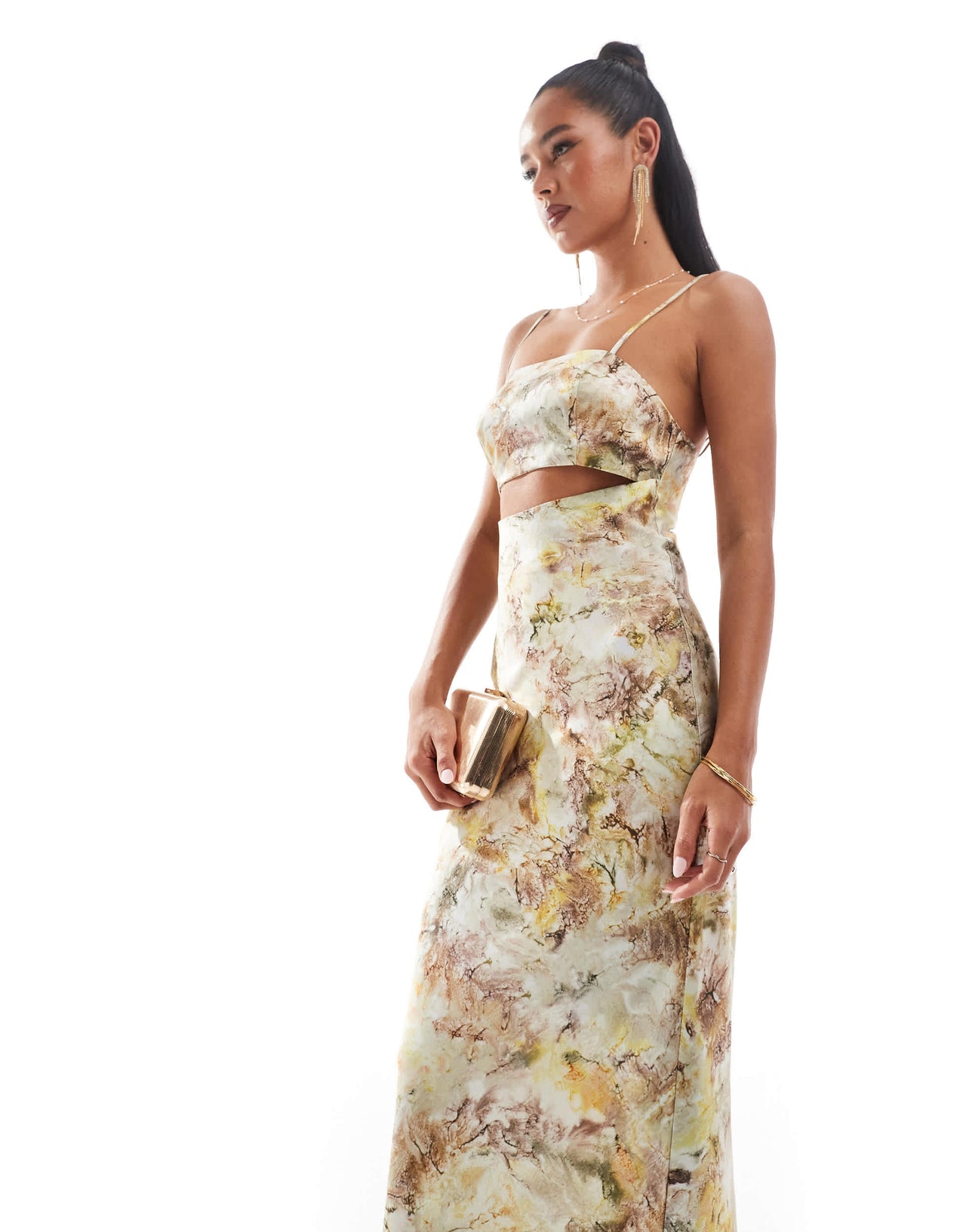 ASOS DESIGN satin bias cut out midi dress in abstract print