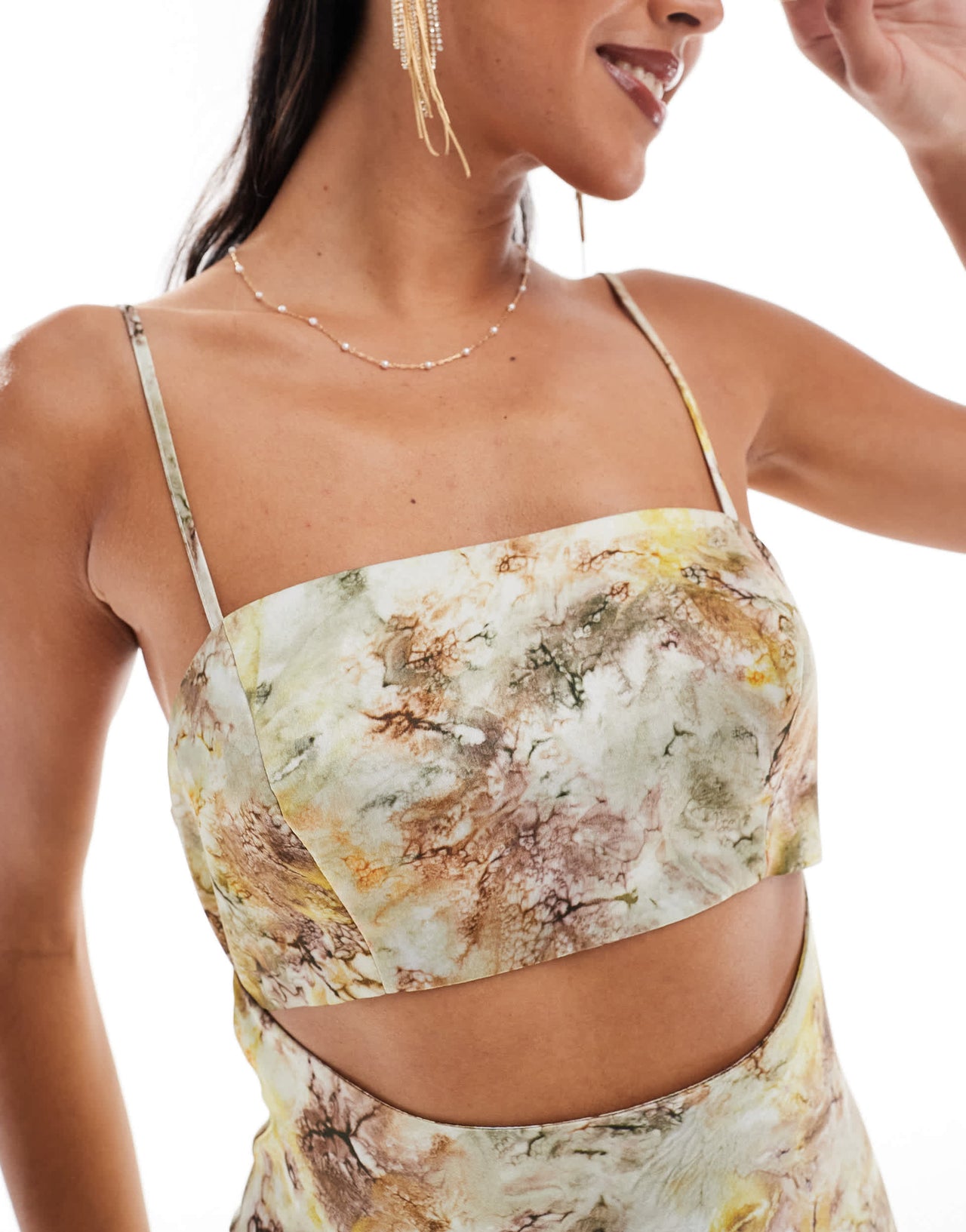 ASOS DESIGN satin bias cut out midi dress in abstract print