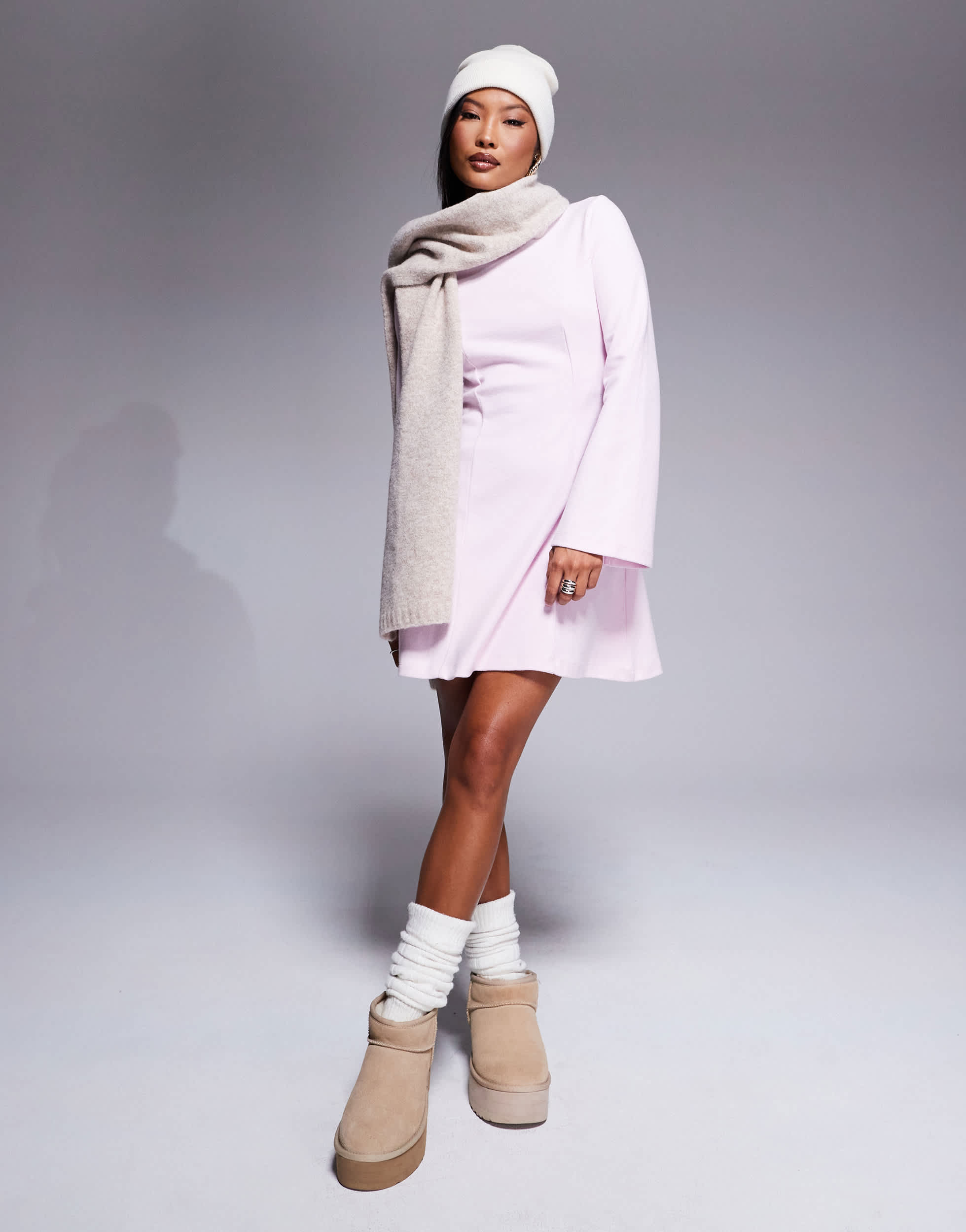 ASOS DESIGN  Petite supersoft grown on neck fit and flare mini dress in pink