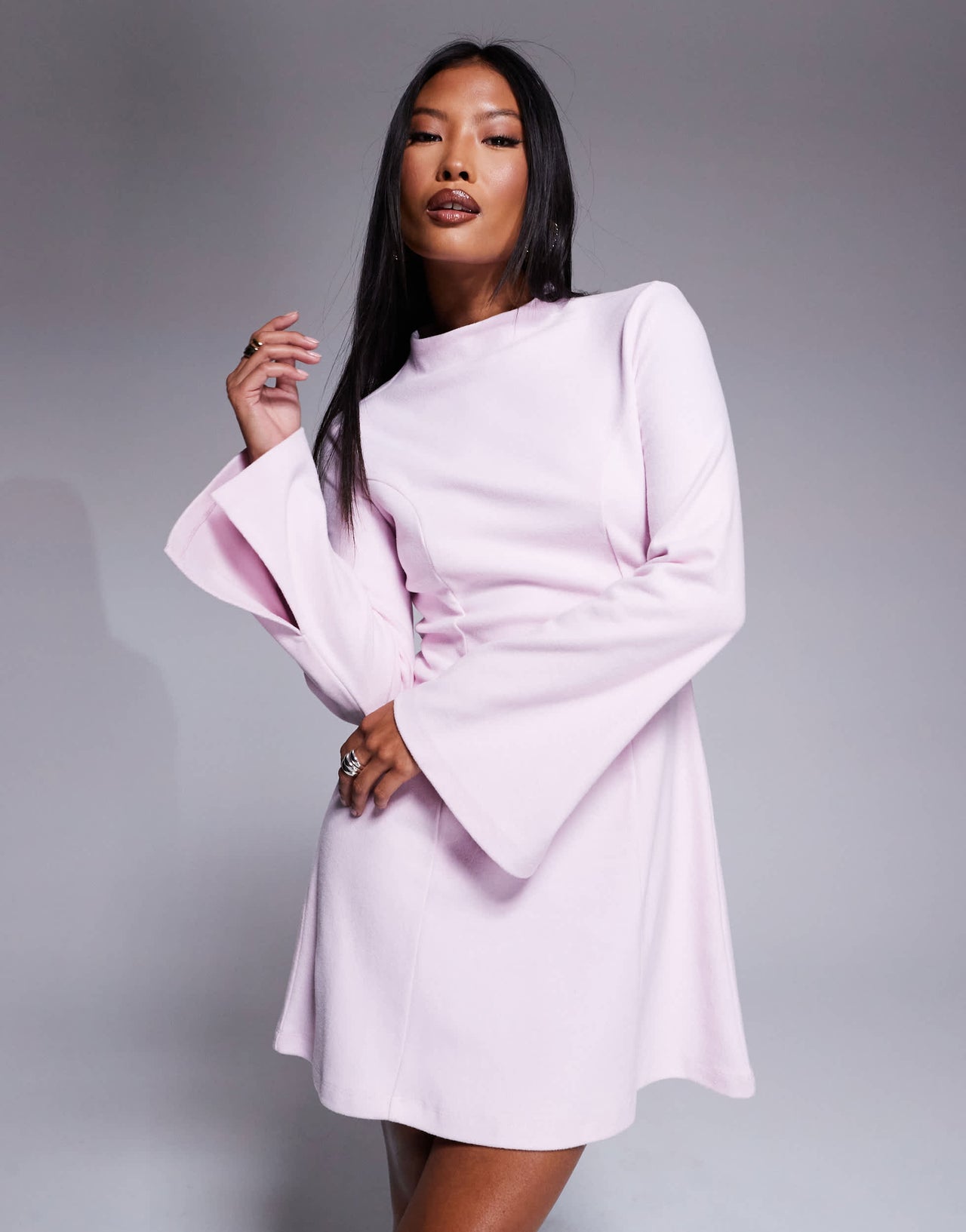 ASOS DESIGN  Petite supersoft grown on neck fit and flare mini dress in pink