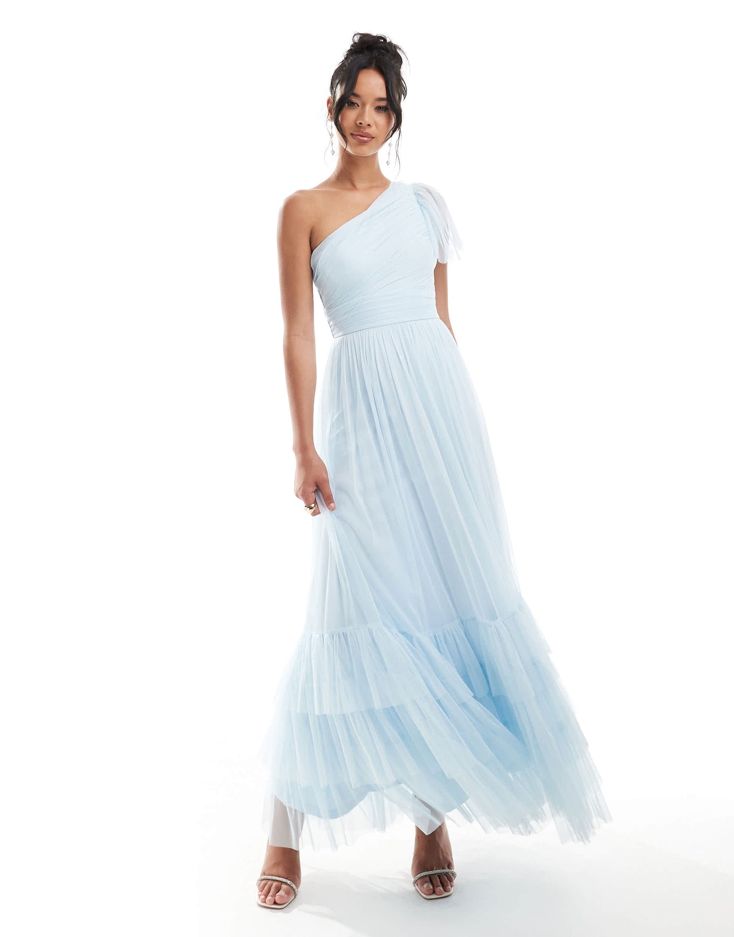 Lace & Beads Bridesmaid one shoulder tulle maxi dress in sky blue