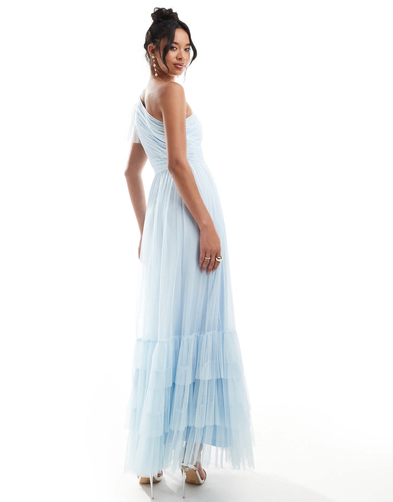 Lace & Beads Bridesmaid one shoulder tulle maxi dress in sky blue