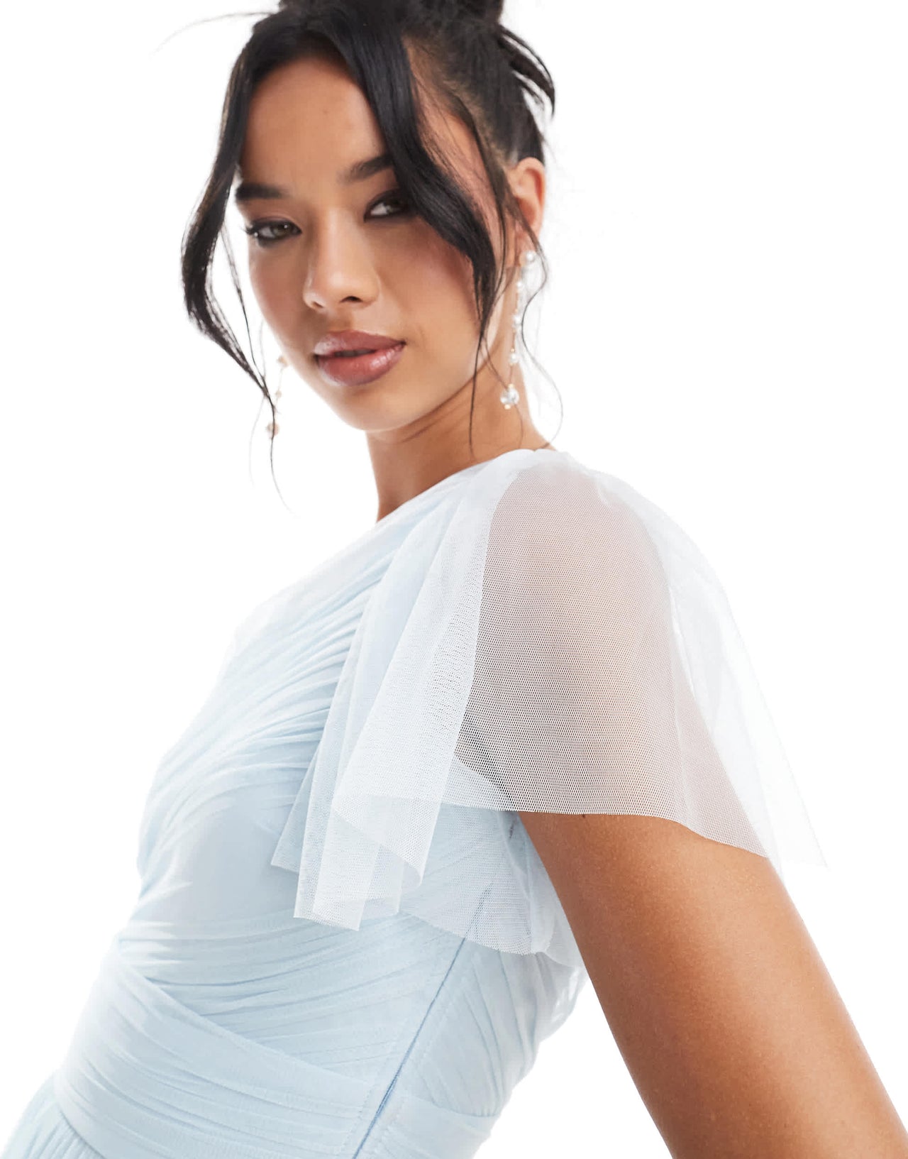 Lace & Beads Bridesmaid one shoulder tulle maxi dress in sky blue