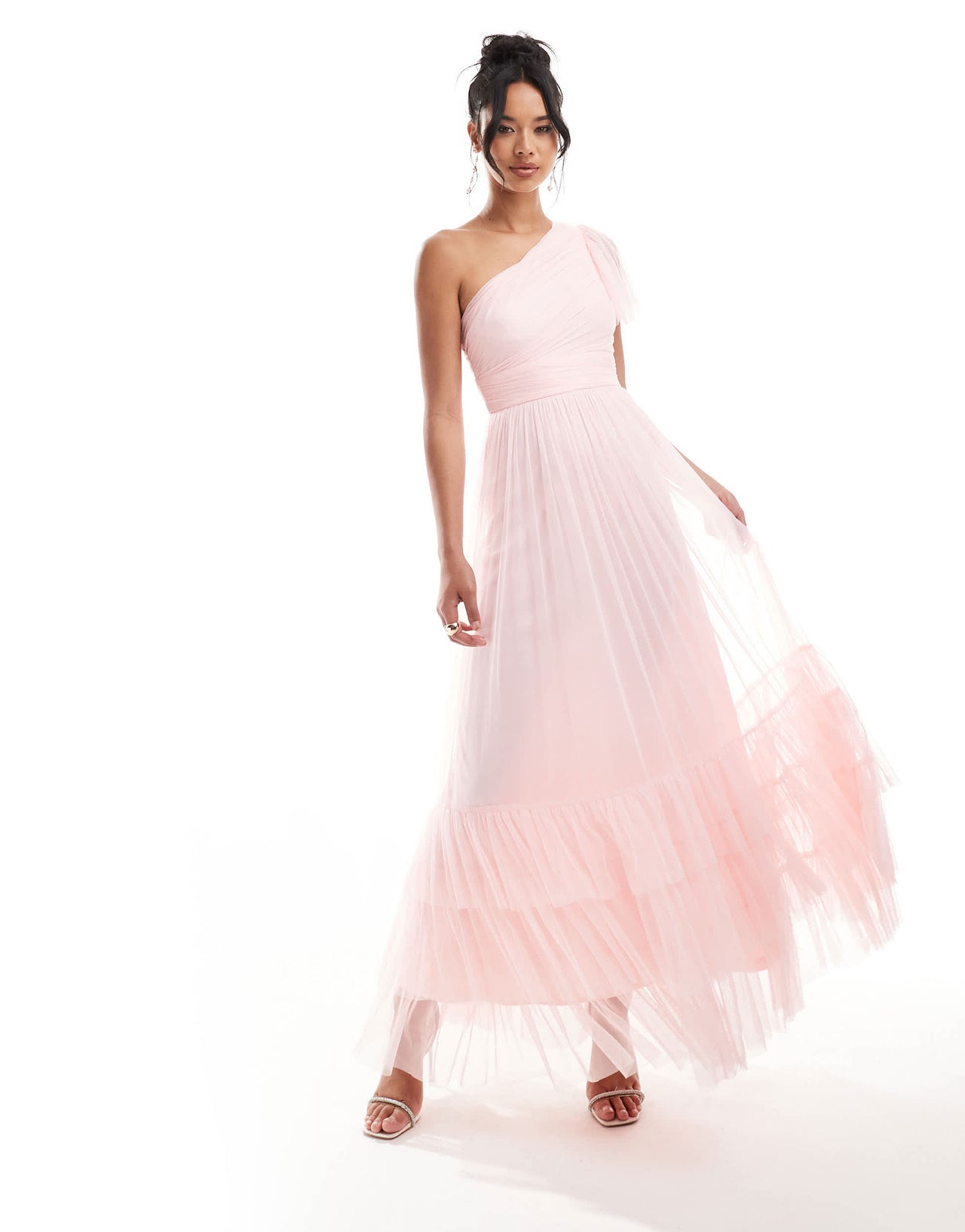 Lace & Beads Bridesmaid one shoulder tulle maxi dress in soft pink