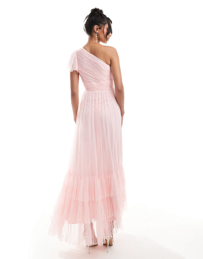 Lace & Beads Bridesmaid Madison one shoulder tulle maxi dress in soft pink