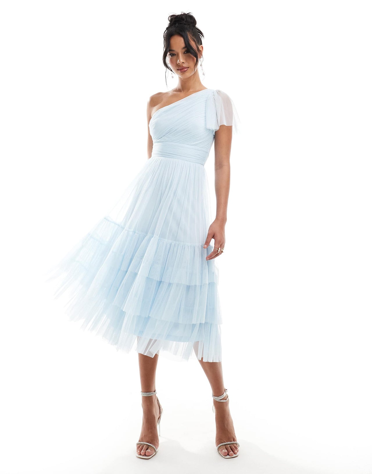 Lace & Beads Bridesmaid Madison one shoulder tulle midi dress in sky blue