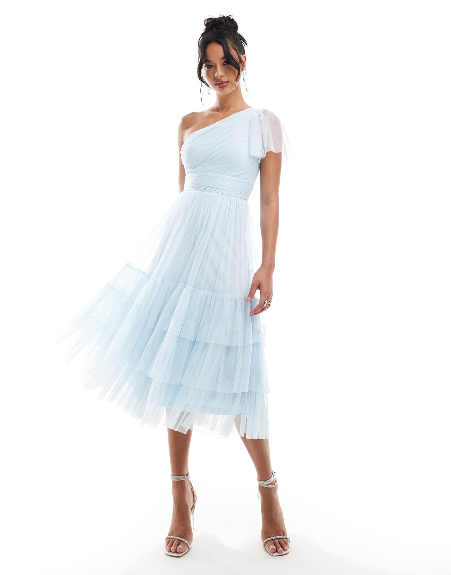 Lace & Beads Bridesmaid Madison one shoulder tulle midi dress in sky blue