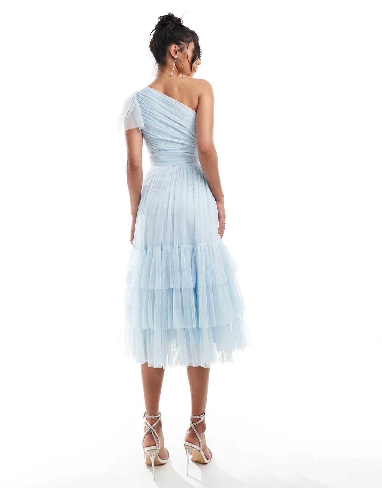 Lace & Beads Bridesmaid Madison one shoulder tulle midi dress in sky blue