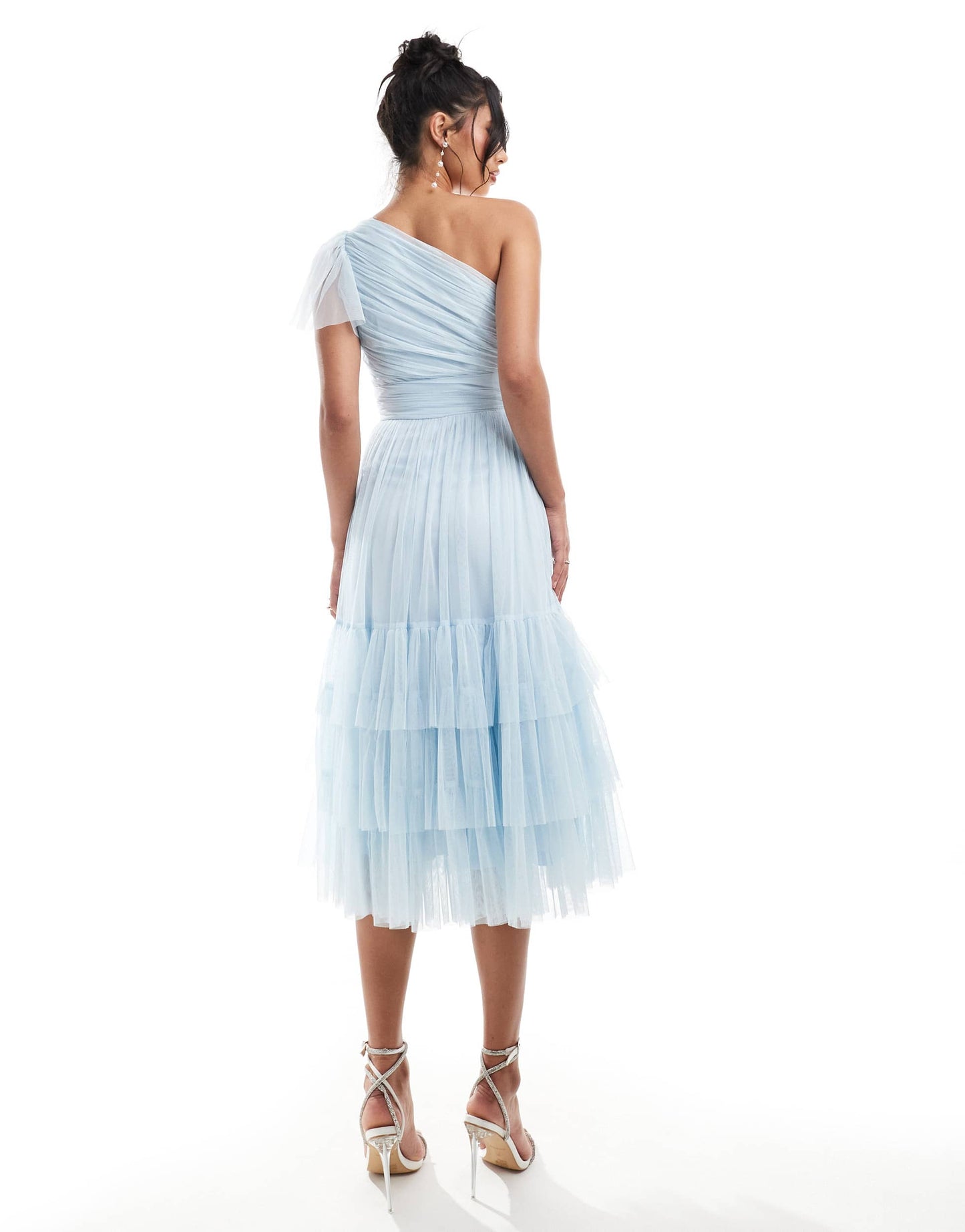 Lace & Beads Bridesmaid Madison one shoulder tulle midi dress in sky blue