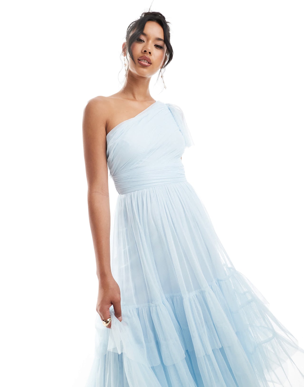 Lace & Beads Bridesmaid Madison one shoulder tulle midi dress in sky blue