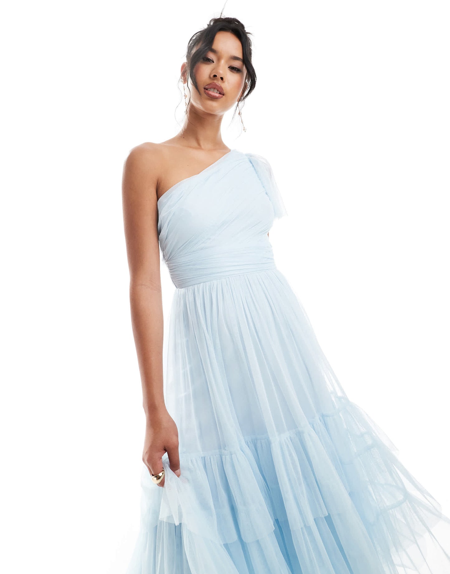 Lace & Beads Bridesmaid Madison one shoulder tulle midi dress in sky blue