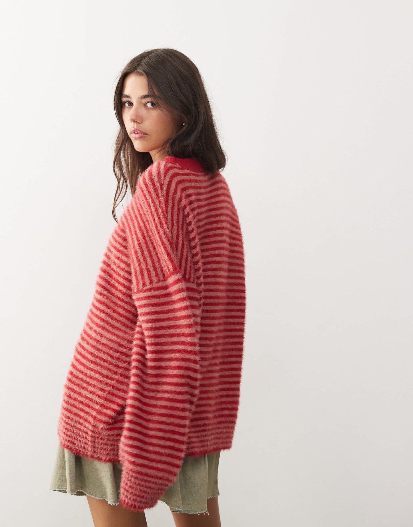 COLLUSION unisex fluffy striped crew neck jumper in beige
