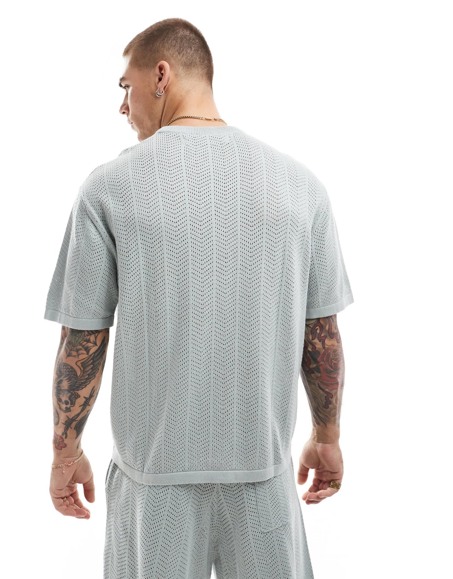 Bershka textured herringbone co-ord t-shirt in blue