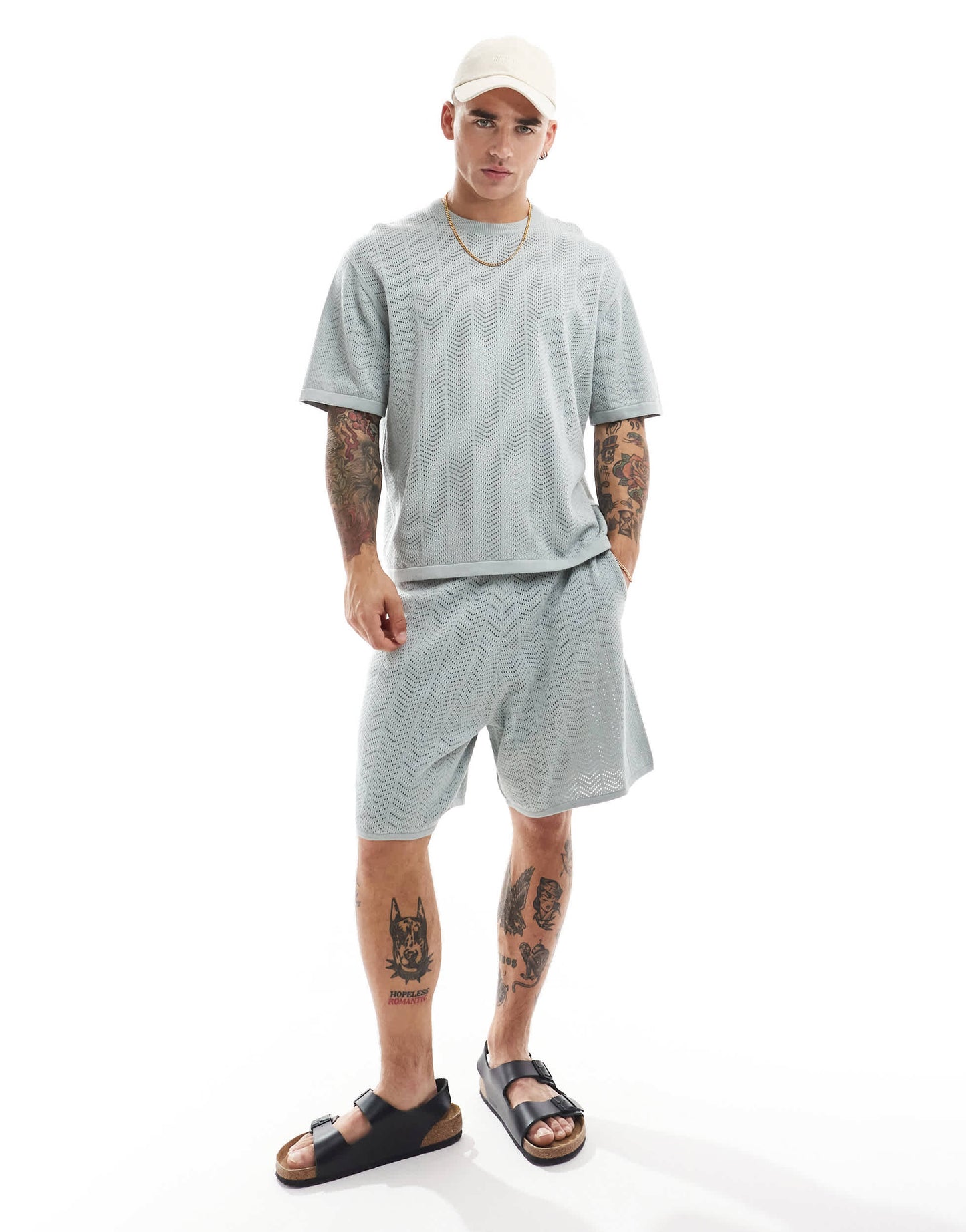 Bershka textured herringbone co-ord t-shirt in blue