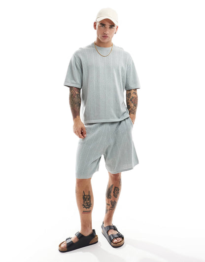 Bershka textured herringbone co-ord t-shirt in blue