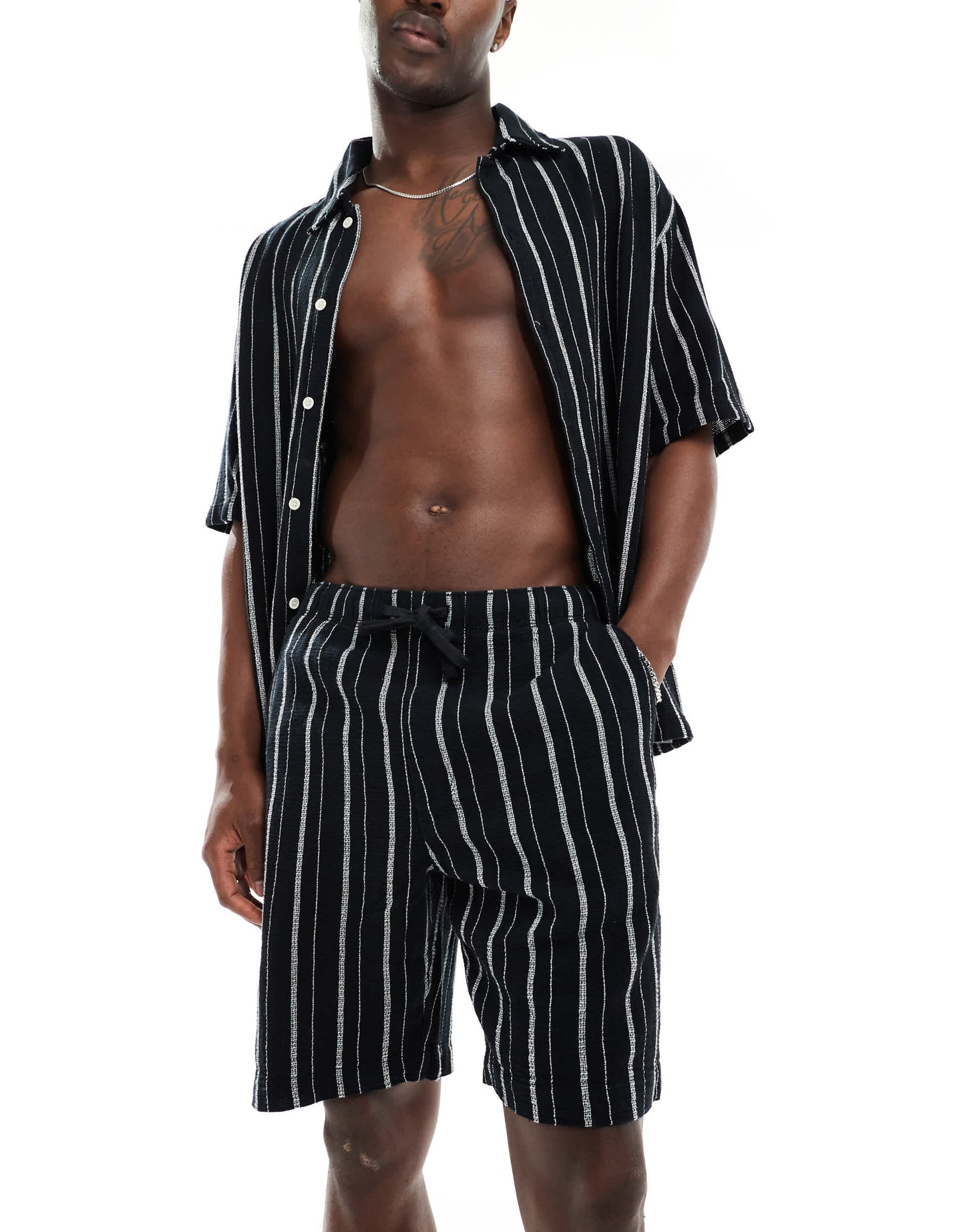 Bershka textured stripe co-ord short in black