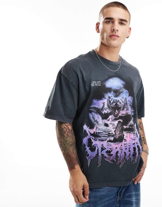 Bershka gothic text printed t-shirt in black
