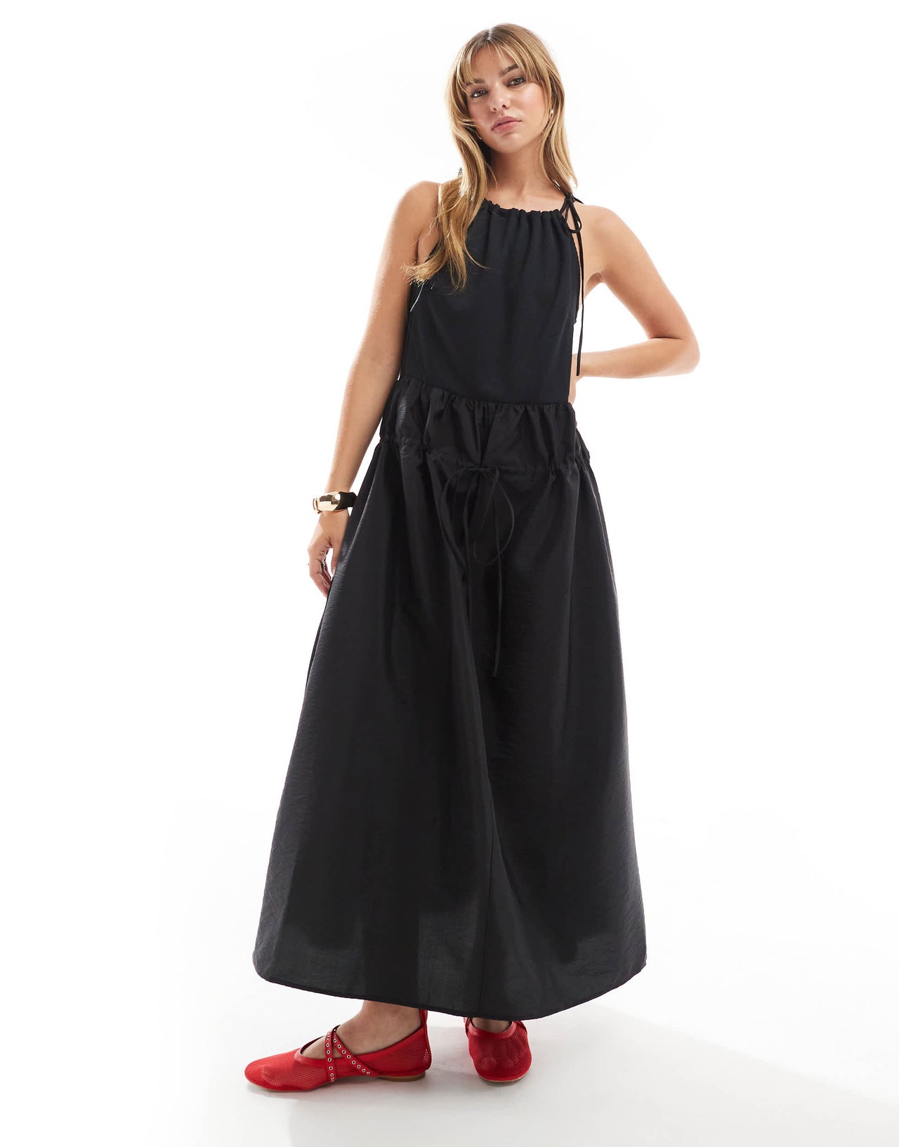 ASOS DESIGN jersey high neck maxi dress with parachute midi skirt in black