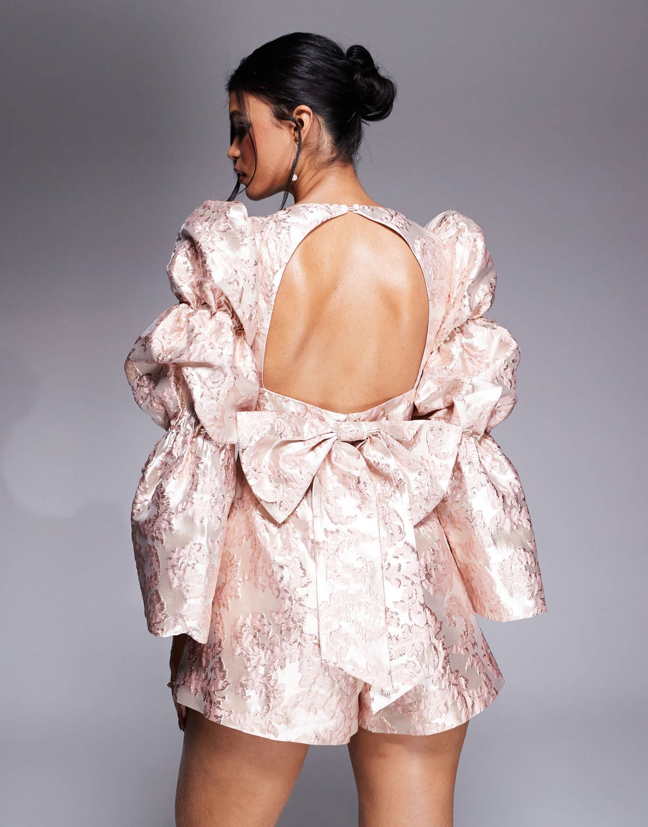 ASOS LUXE embellished jacquard playsuit with bow back in pink