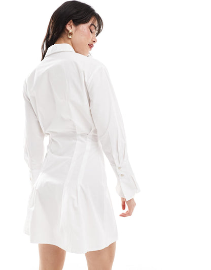 Pimkie pocket detail flared sleeve cinched waist mini shirt dress in white