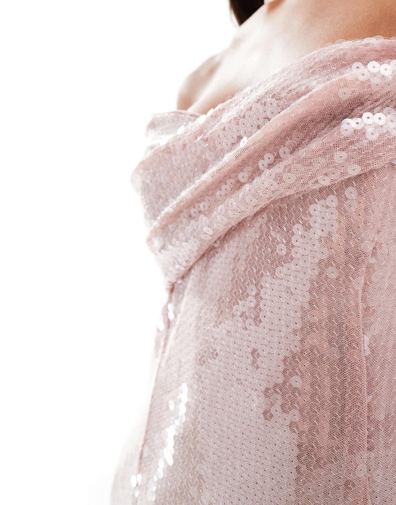 ASOS DESIGN sheer sequin draped bandeau mini dress in pale pink