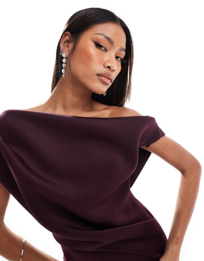 ASOS DESIGN off shoulder pleat waist detail pencil midi dress in aubergine