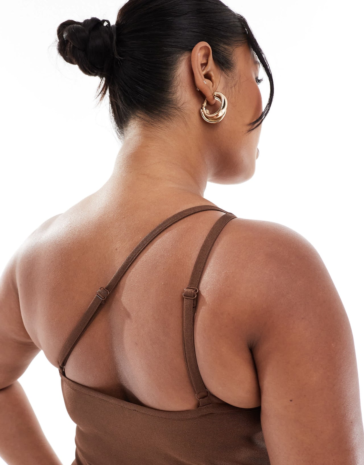 ASOS DESIGN Curve bandage one shoulder midi dress with open back in chocolate