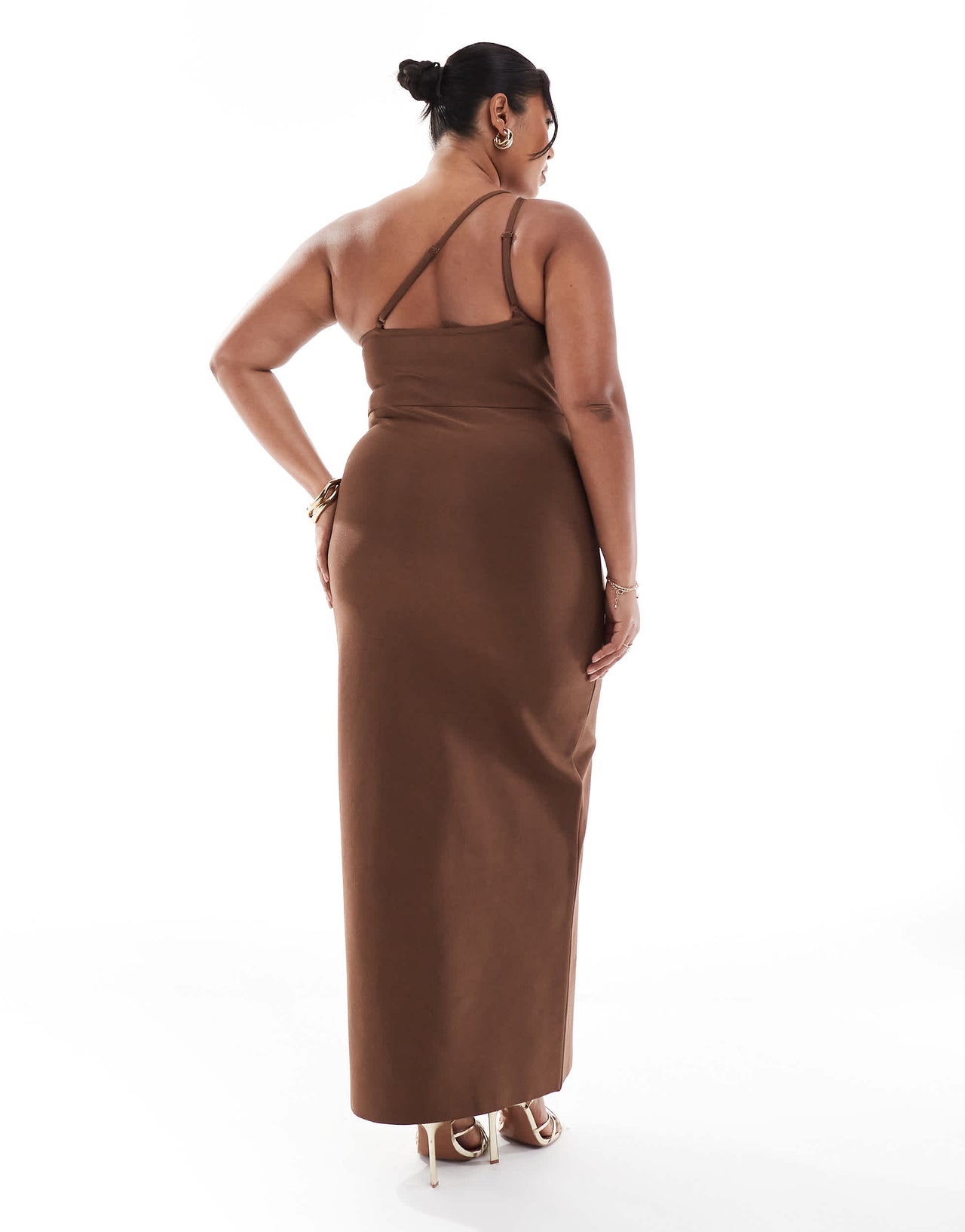 ASOS DESIGN Curve bandage one shoulder midi dress with open back in chocolate