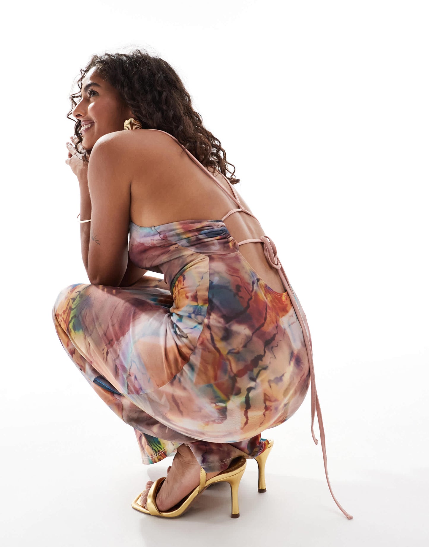 ASOS DESIGN Petite mesh square neck strappy back maxi dress in pink abstract print