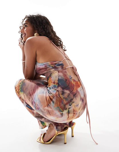 ASOS DESIGN Petite mesh square neck strappy back maxi dress in pink abstract print