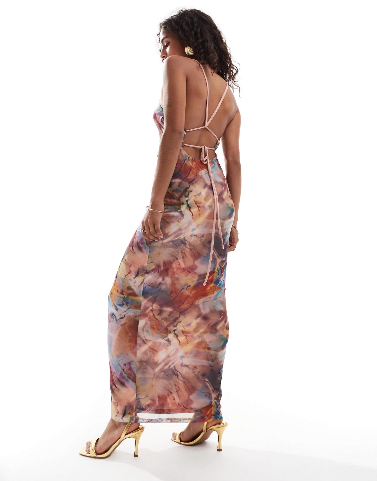 ASOS DESIGN Petite mesh square neck strappy back maxi dress in pink abstract print
