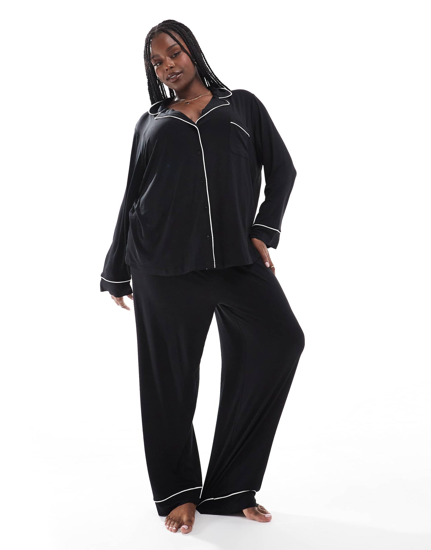 ASOS DESIGN Curve super soft long sleeve shirt & trouser pyjama set with contrast piping in black