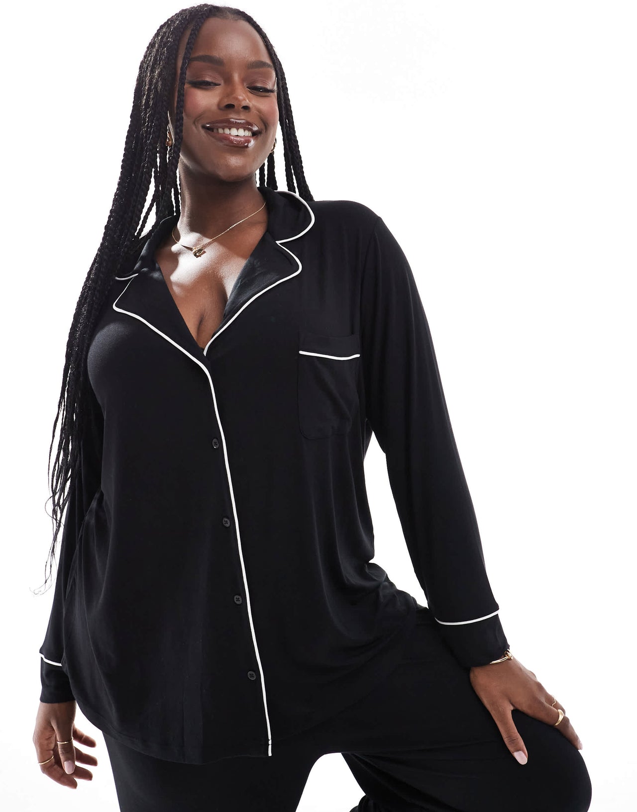 ASOS DESIGN Curve super soft long sleeve shirt & trouser pyjama set with contrast piping in black