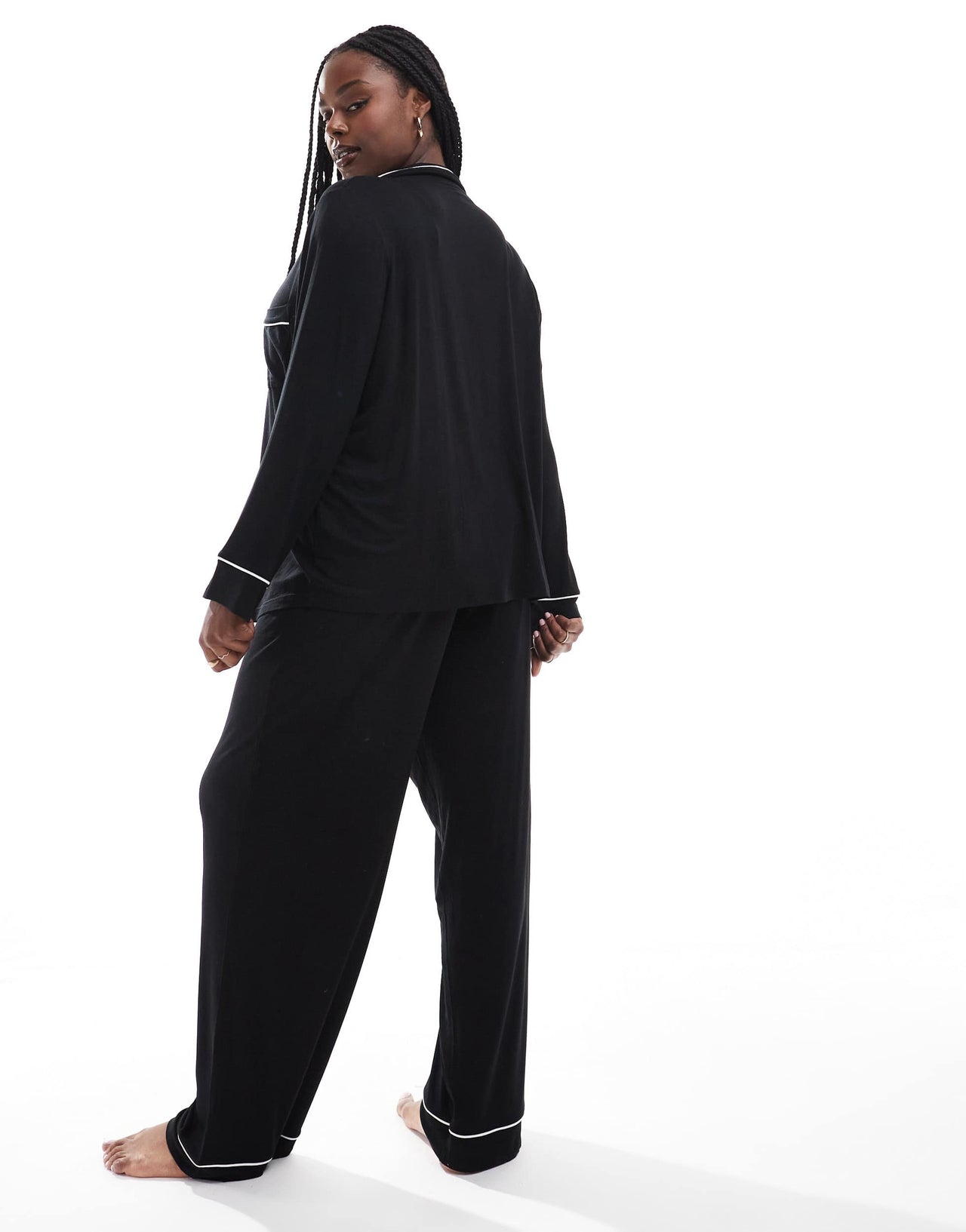 ASOS DESIGN Curve super soft long sleeve shirt & trouser pyjama set with contrast piping in black