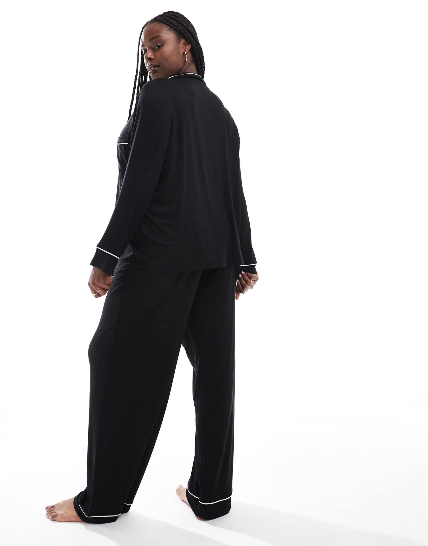 ASOS DESIGN Curve super soft long sleeve shirt & trouser pyjama set with contrast piping in black