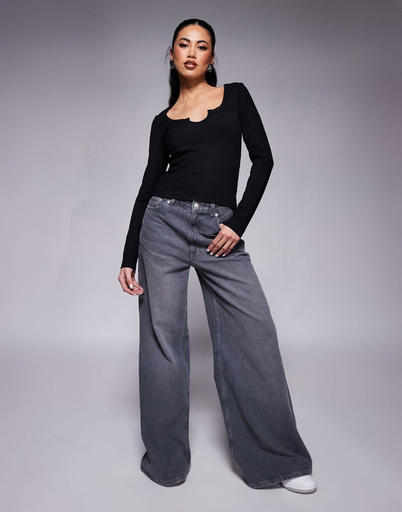 ASOS DESIGN long sleeve ribbed top with notch detail in black