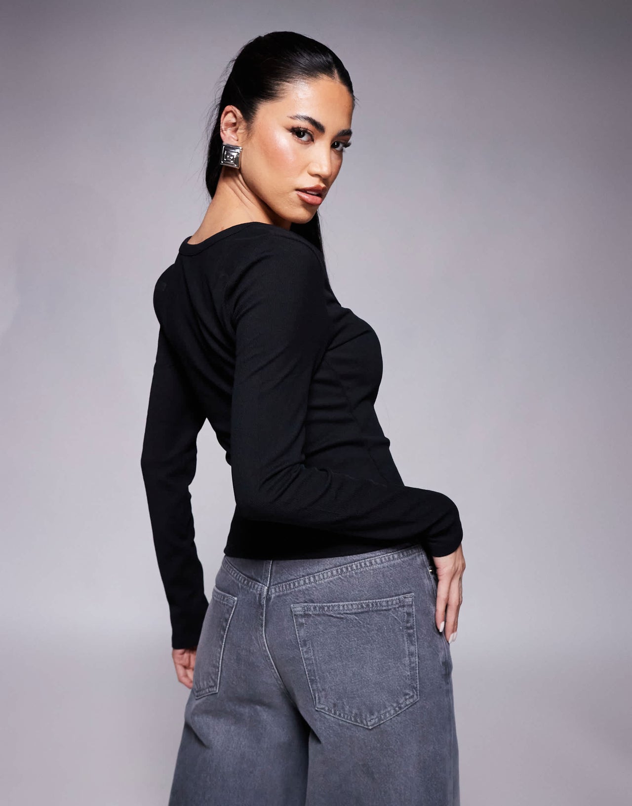 ASOS DESIGN long sleeve ribbed top with notch detail in black
