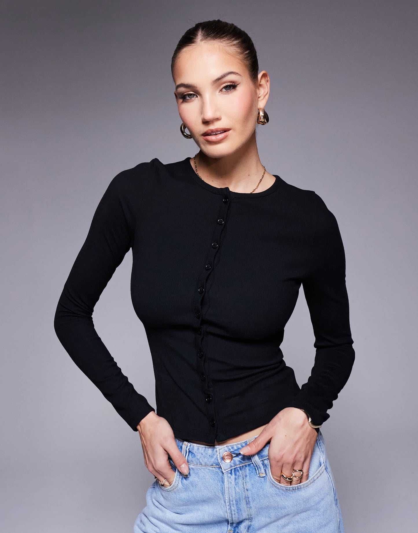 ASOS DESIGN button through cardigan in rib in black