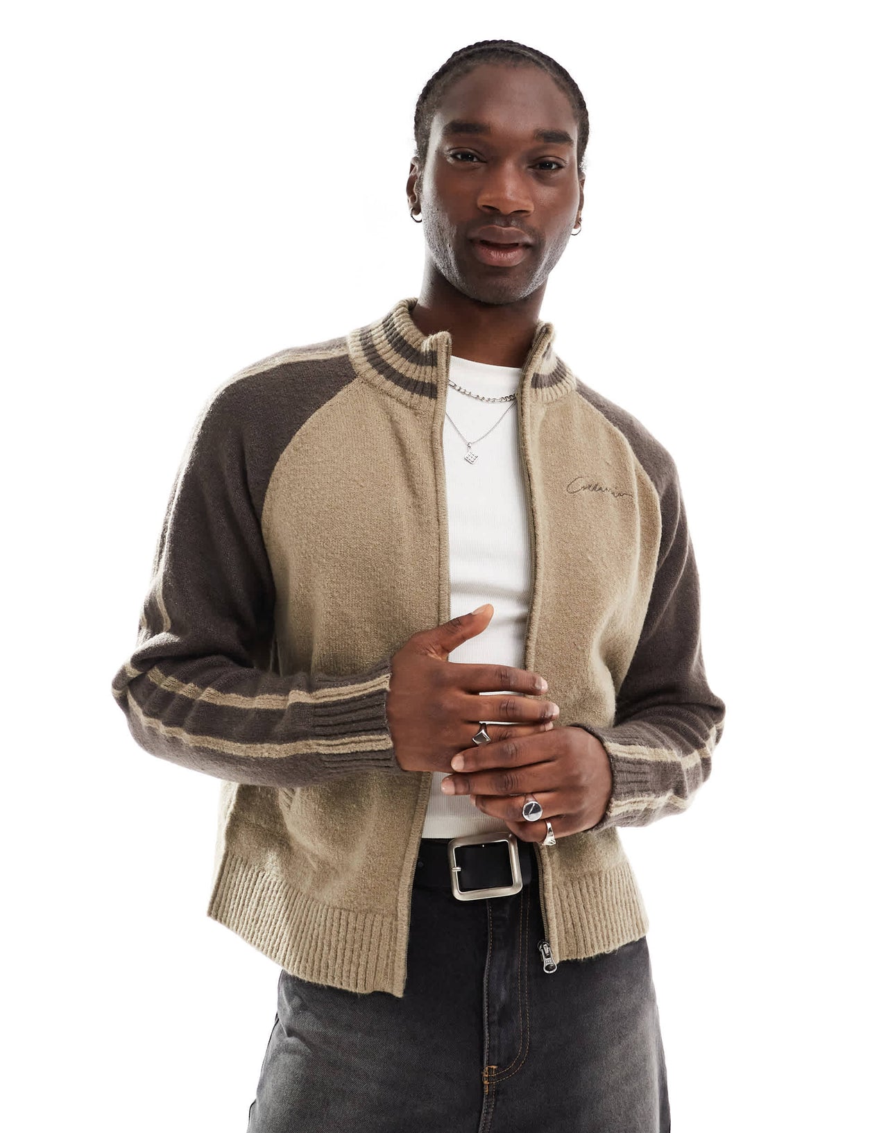 COLLUSION rugby zip through knit jumper in brown