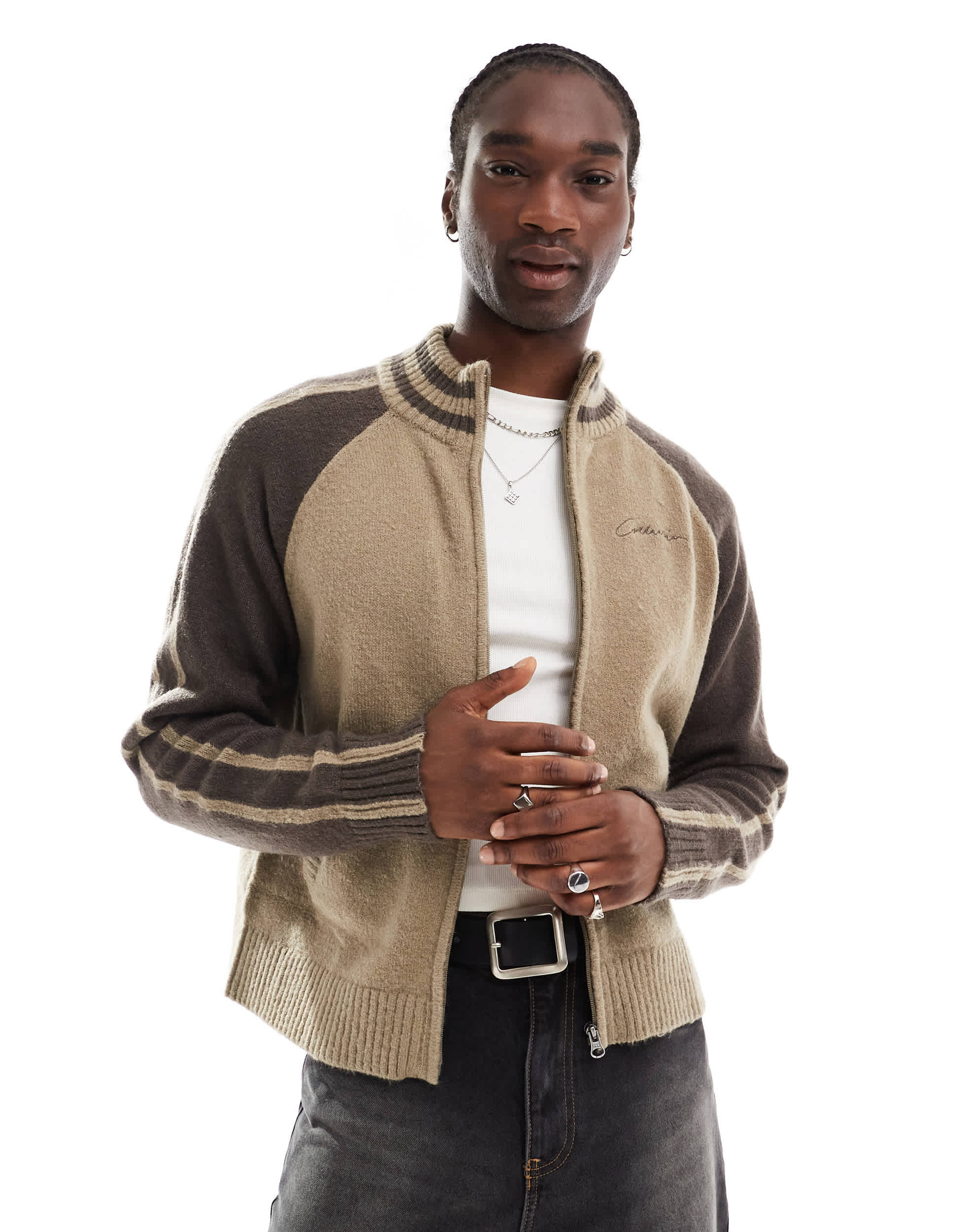 COLLUSION rugby zip through knit jumper in brown